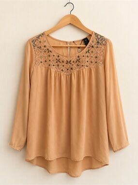 BKE Boutique Embellished Lace Yoke Blouse Medium Tan Boho Sheer Long Sleeve Top